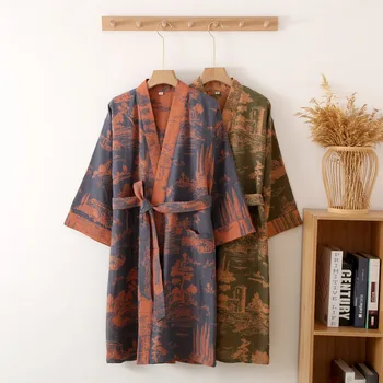 Peizažas Verpalai, dažyti Medvilnės Chalatas Su Diržu, V-kaklo, Kišenėje Viešbutis Sleepwear Japonų Kimono Ilgai Padažu Suknelė