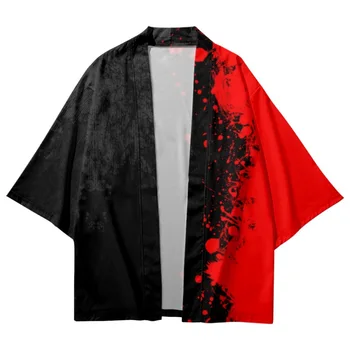Japonijos Prarasti Haori Harajuku Raudona Splash Rašalo Spausdinti Kimono Megztinis Apkarpyti Kelnės Moterims, Vyrams Vasaros Cosplay Yukata