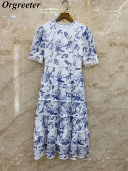 Orgreete Naujas Mados Nėriniai Tuščiaviduriai Iš Vasaros Suknelė Moteris Retro Sluoksniuotos Rankovėmis Slim Blue Print Domino Sluoksniuotas Pyragas Ilga Suknelė