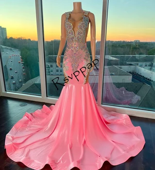 Pink Diamond Ilgai Undinė Prom Dresses 2023 Išskirtinį Karoliukai, Kristalai Undinė Afrikos Juodieji Mergina Šalis, Chalatai Gimtadienio Suknelė