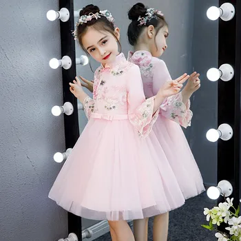 Rožinė Naujų Mergaičių Cheongsam Siuvinėjimo Gėlių Kinų Suknelė Mandarinų Apykaklės Birthday Party Dress Vaikai Princesė Dress Oficialų Suknelė