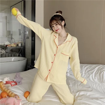 Pižama korėjos odos draugiškas medvilnės grynos spalvos, paprasti namuose paslaugų kostiumas klasikinis atsitiktinis sleepwear dviejų dalių geltonos spalvos naktiniai drabužiai nauji